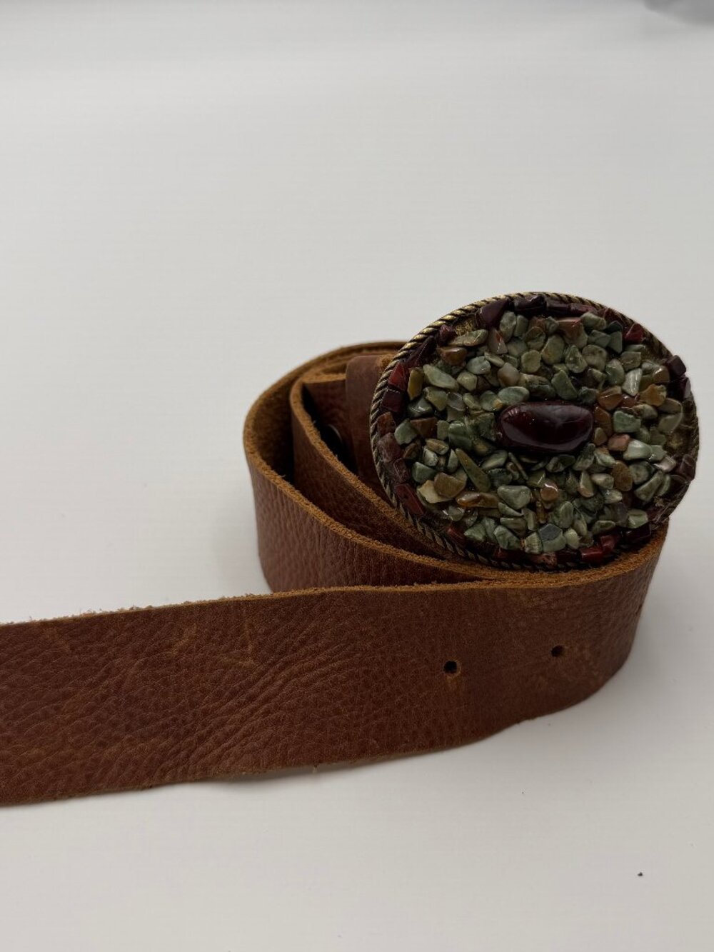 Brown Leather Belt With Stone Buckle